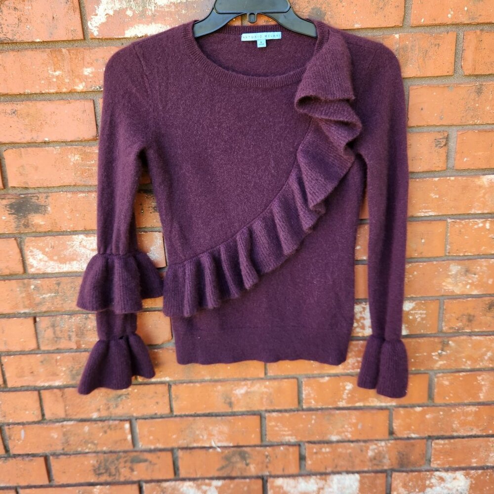 Purple Ruffle Cashmere Sweater Bell Sleeves Design by Antonio Melani Size Small